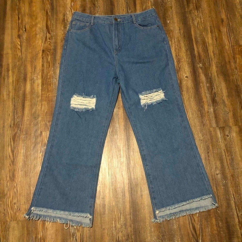 15 Fifteen Jeans Women's 30 Wide Leg Distressed Frayed Hem Baggy Loose Denim